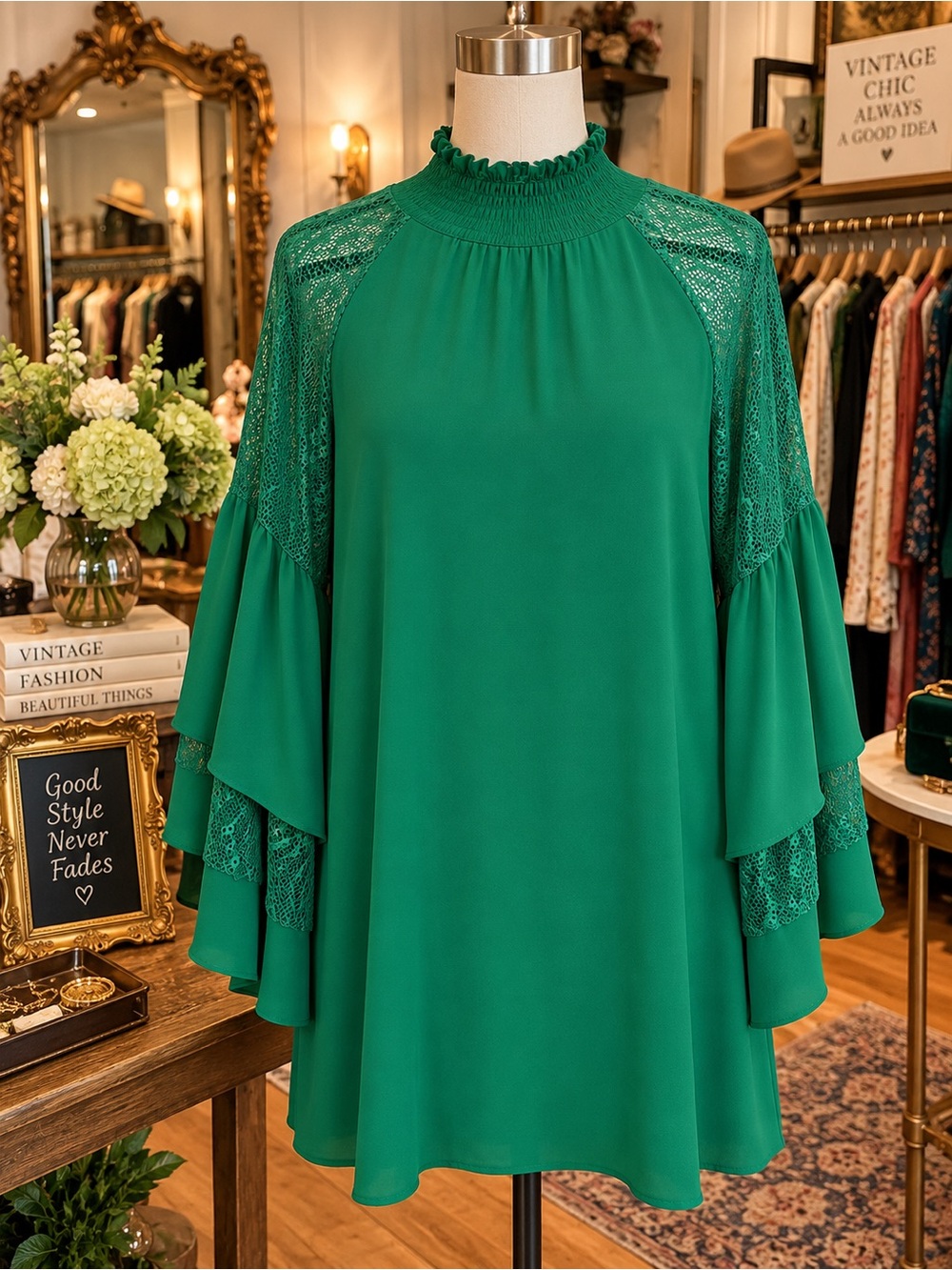 VENUS Emerald Green Lace-Trim Long Sleeve Dress